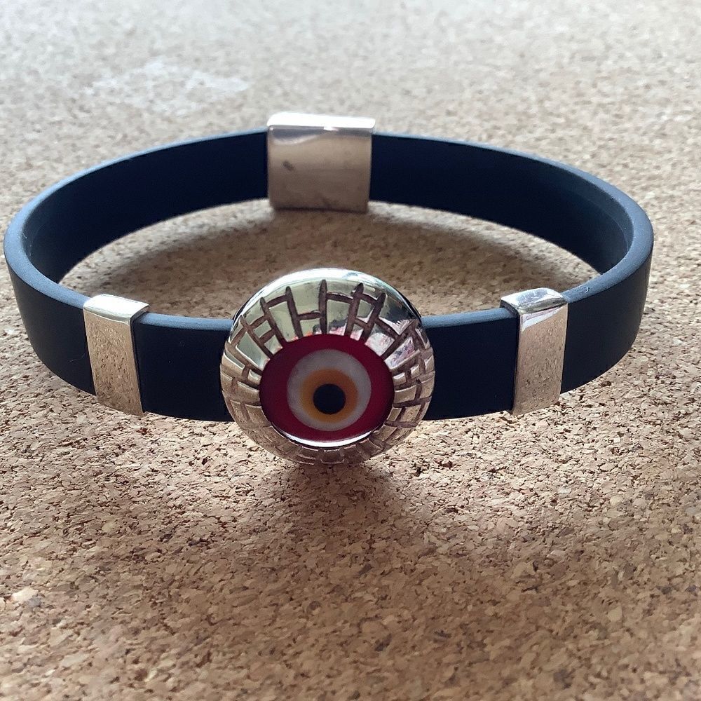 STERLING SILVER 925 SILICONE BLACK BAND RED EVAL EYE GOOD LUCK BRACELET STERLING